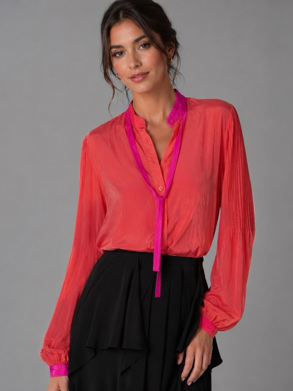 Jeunesse  100% Silk  Claudine Colorblock Blouse  Long Sleeve Women Size S